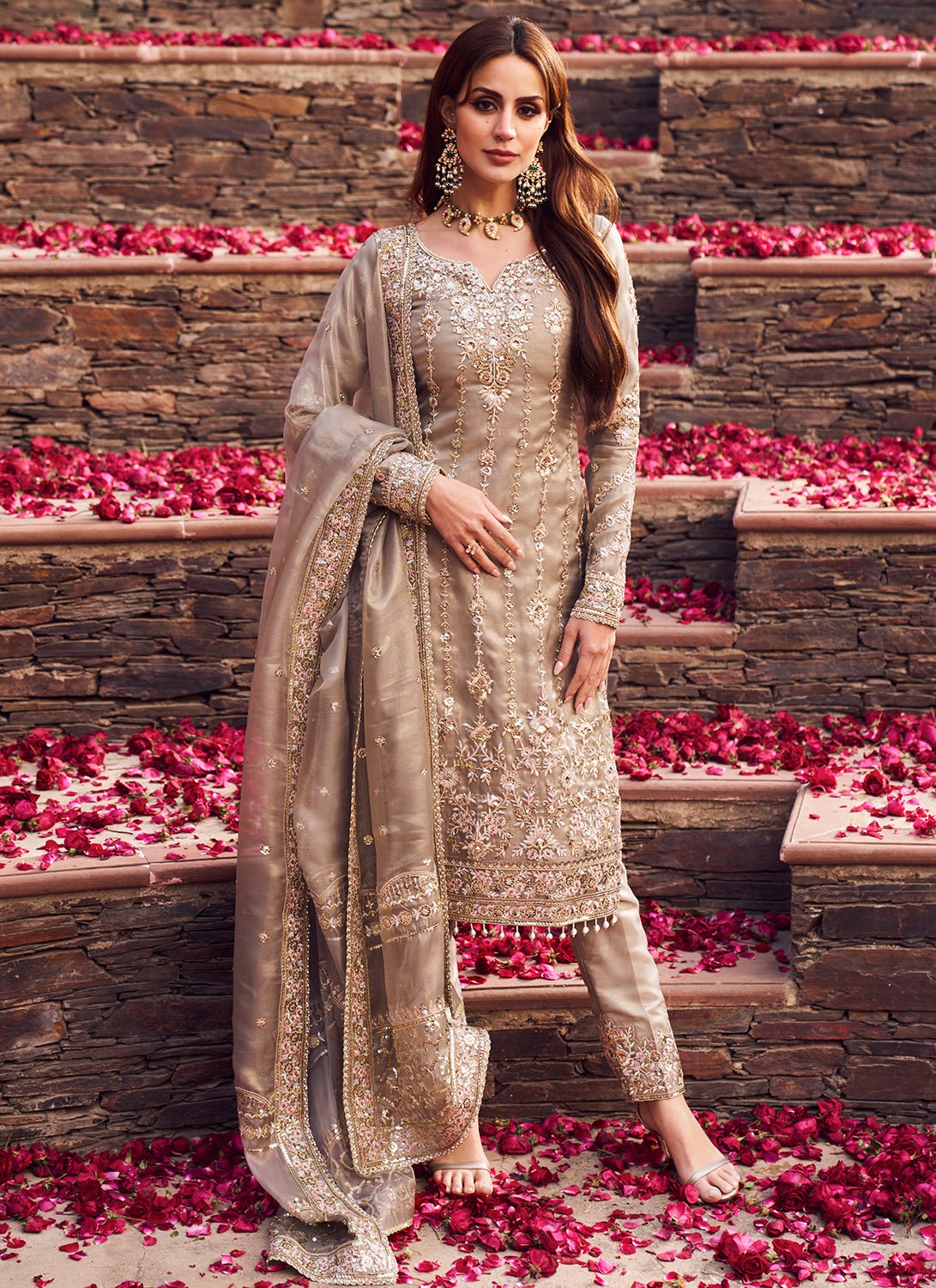 Dusty Grey Embroidered Straight Suit - Lashkaraa