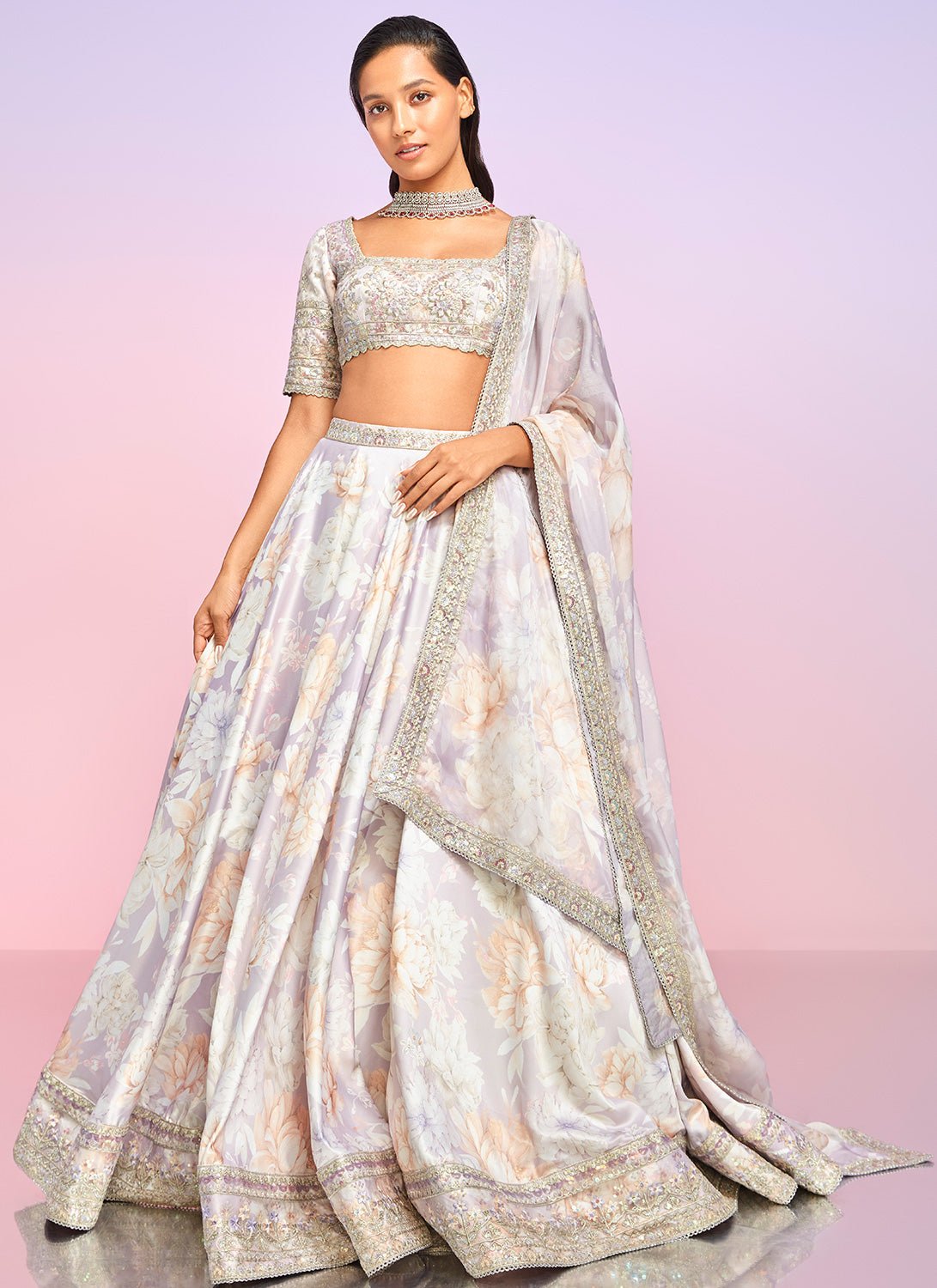 Dusty Lavender Floral Embellished Lehenga - Lashkaraa