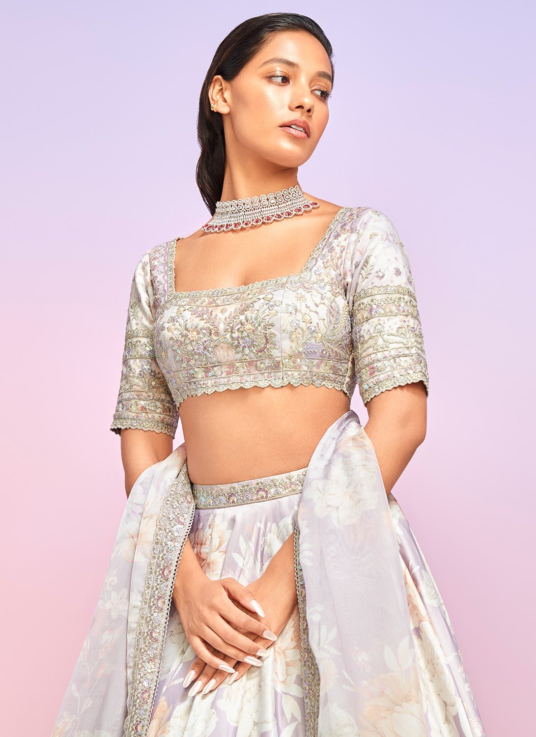 Dusty Lavender Floral Embellished Lehenga - Lashkaraa