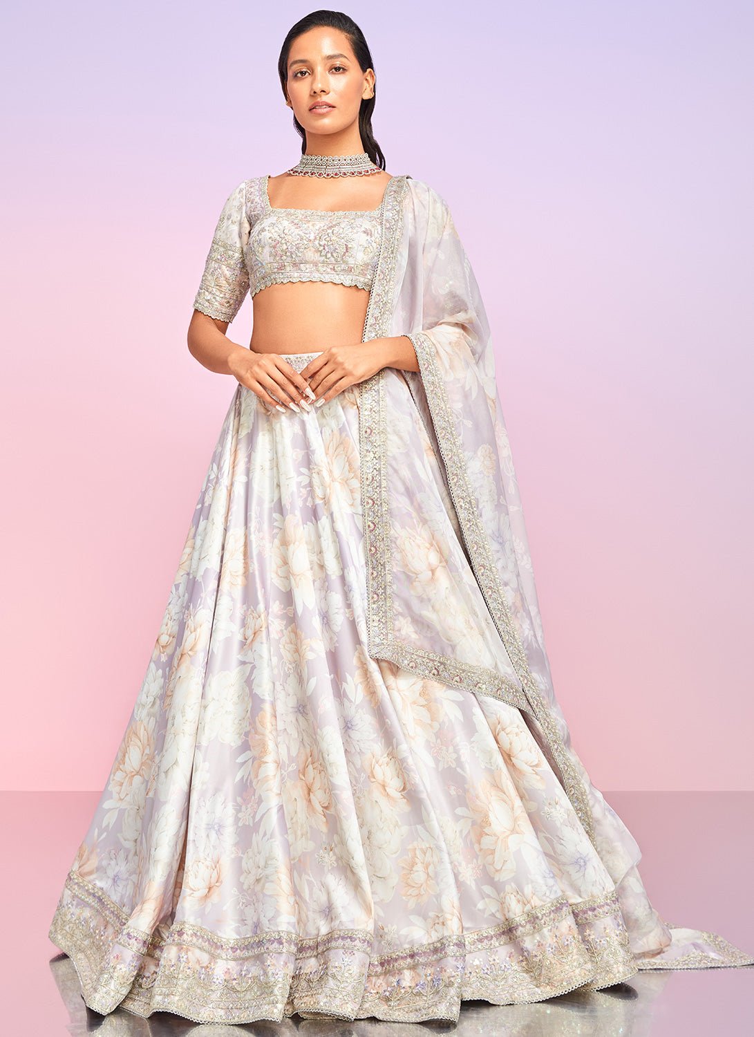Dusty Lavender Floral Embellished Lehenga - Lashkaraa