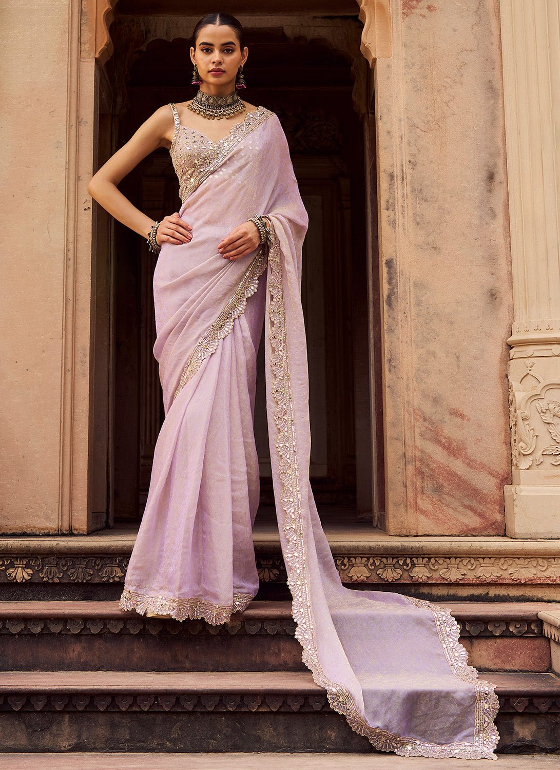 Dusty Lilac Embroidered Silk Saree - Lashkaraa