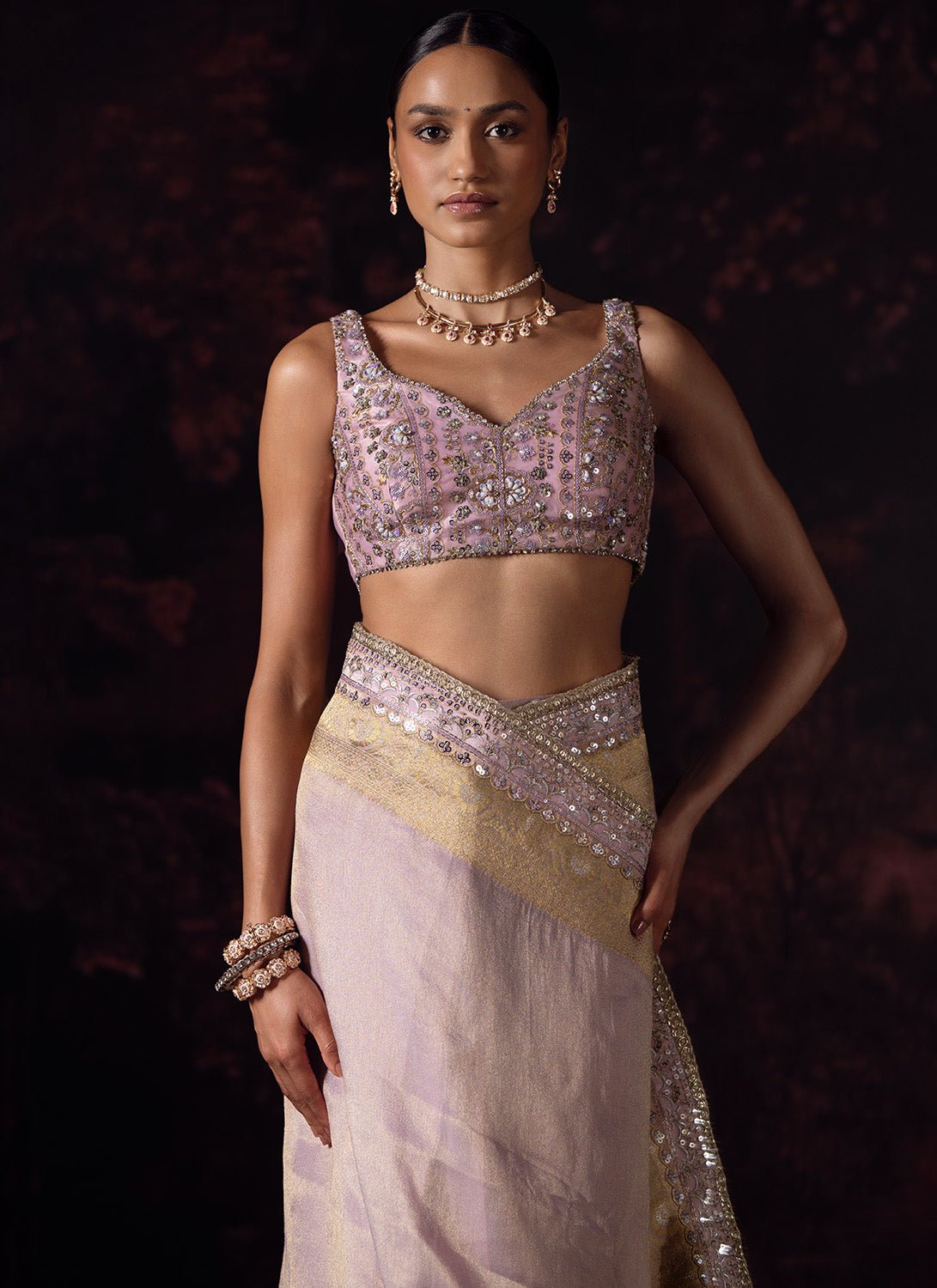 Dusty Lilac Embroidered Tissue Saree - Lashkaraa