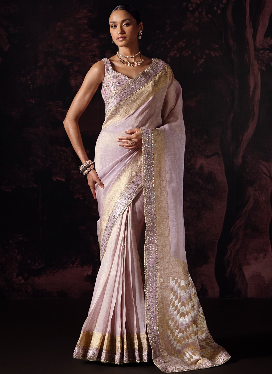 Dusty Lilac Embroidered Tissue Saree - Lashkaraa