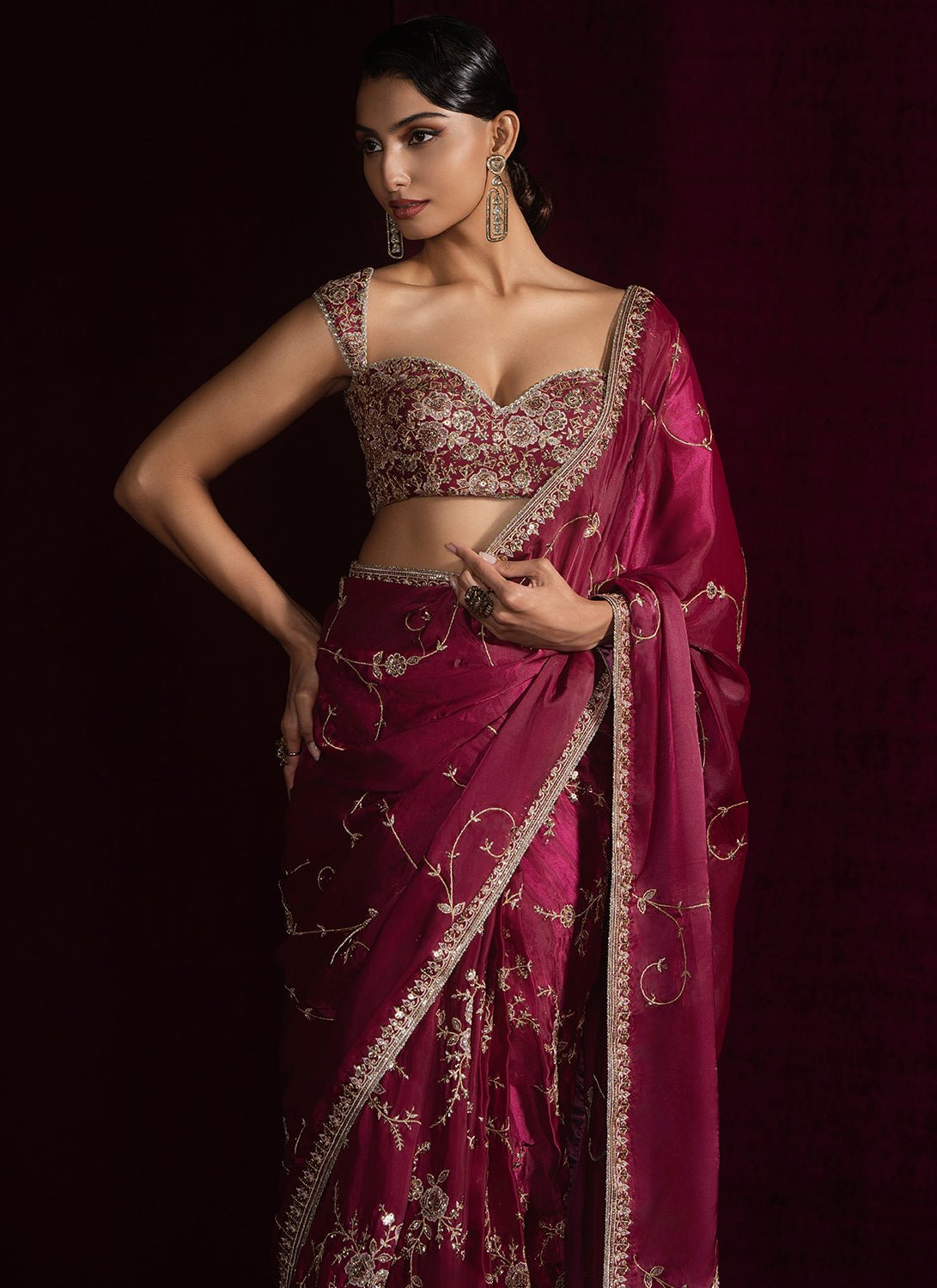 Dusty Magenta Embroidered Silk Saree - Lashkaraa