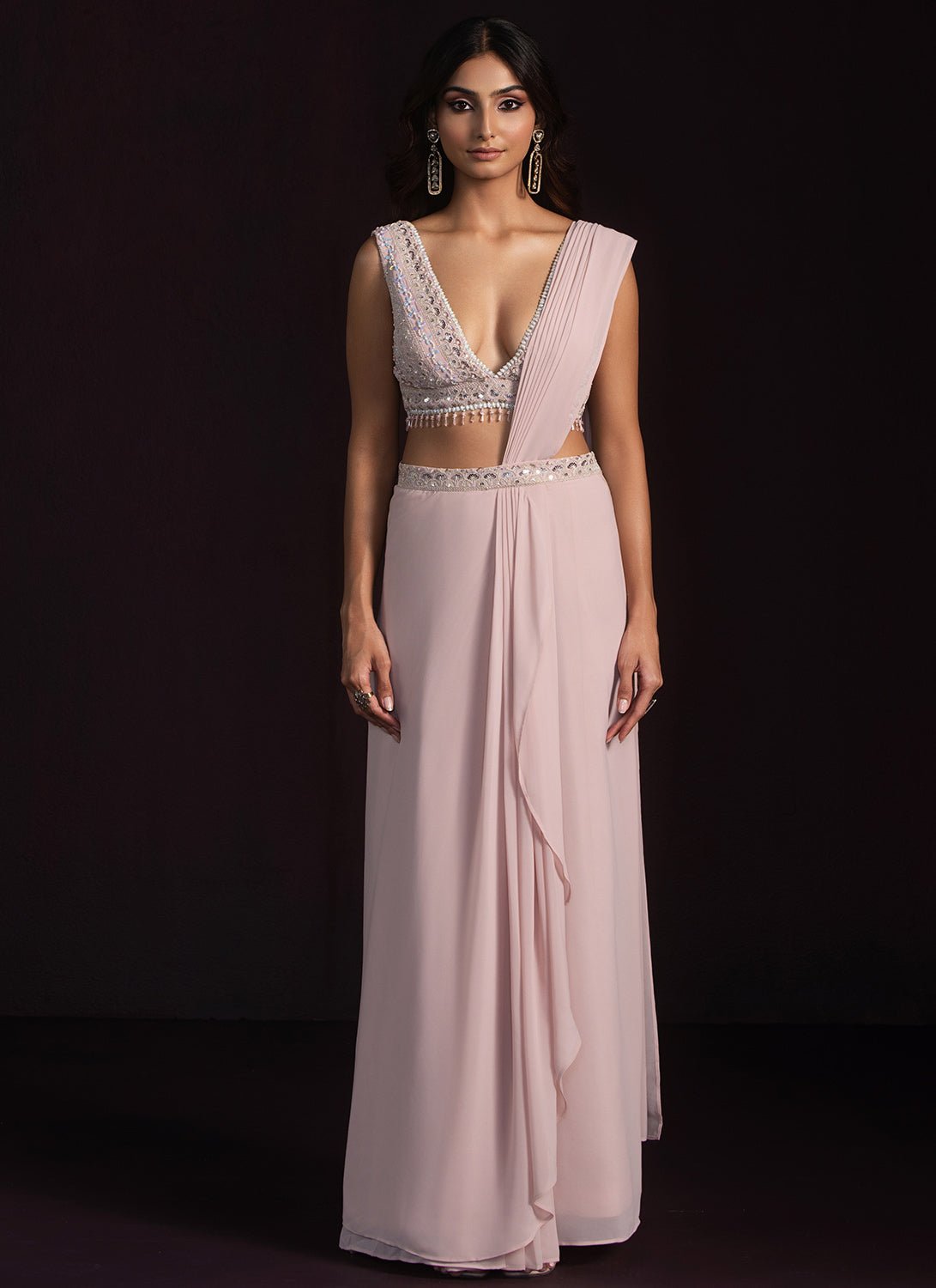 Dusty Mauve Embroidered Drape Style Saree - Lashkaraa