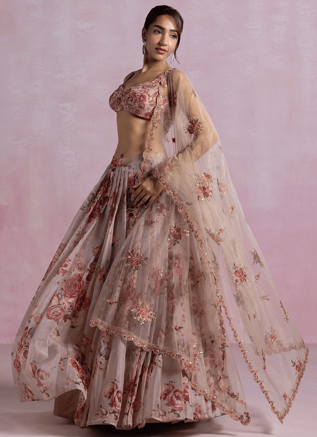 Dusty Mauve Floral Printed Organza Lehenga - Lashkaraa