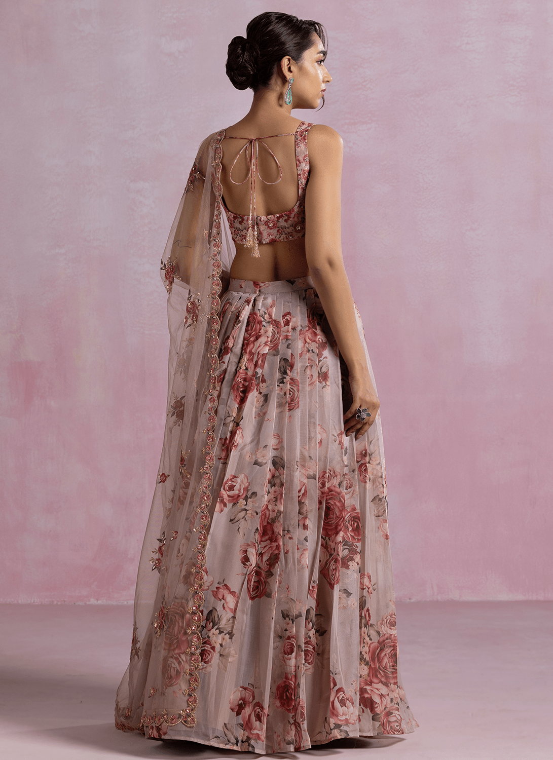 Dusty Mauve Floral Printed Organza Lehenga - Lashkaraa