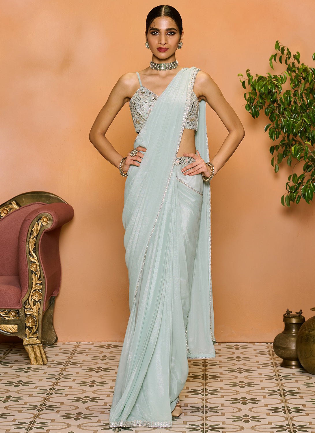 Dusty Mint Embroidered Georgette Saree Unstitched