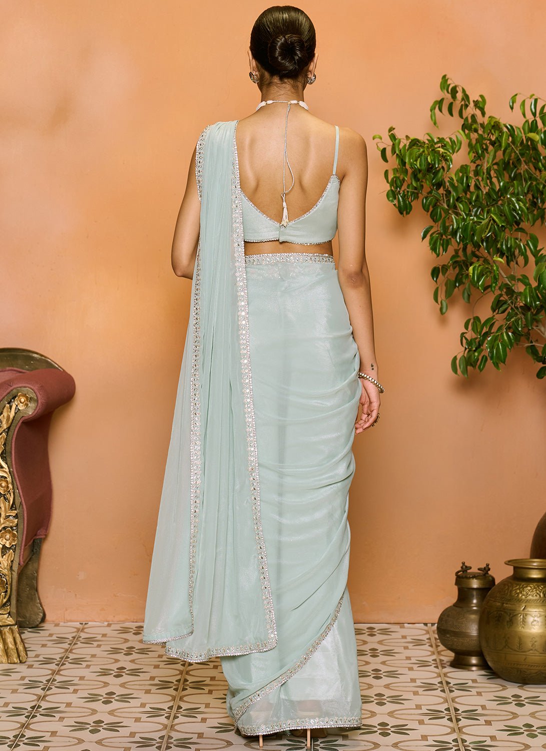 Dusty Mint Embroidered Georgette Saree - Lashkaraa