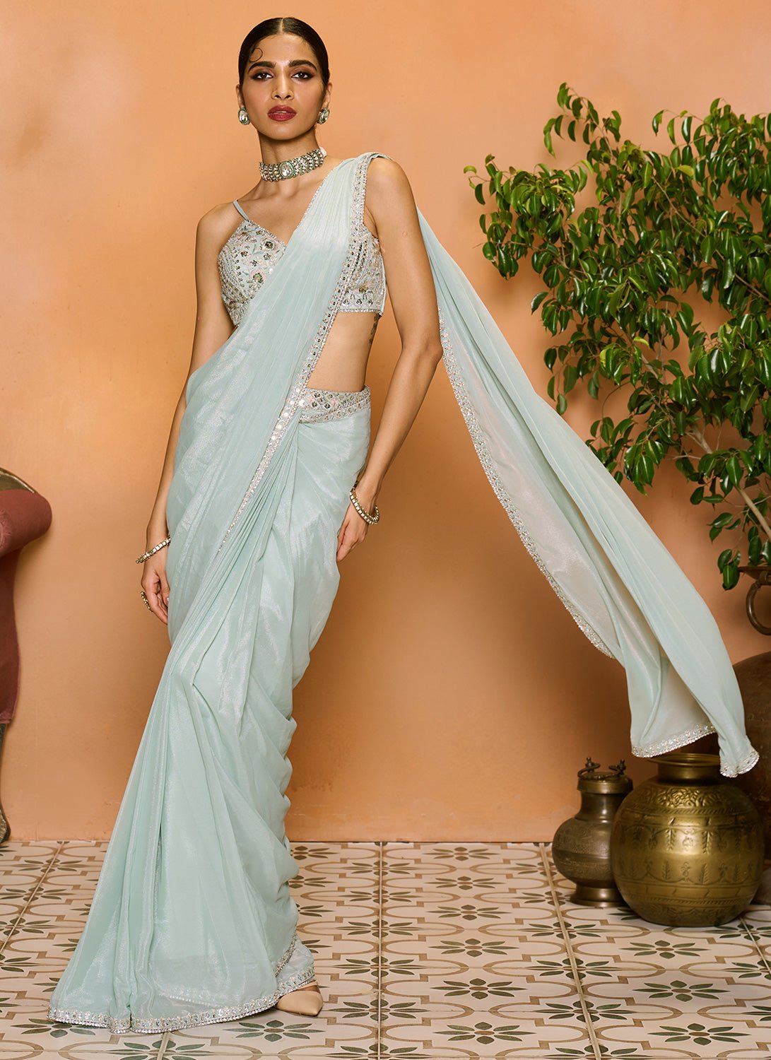 Dusty Mint Embroidered Georgette Saree - Lashkaraa