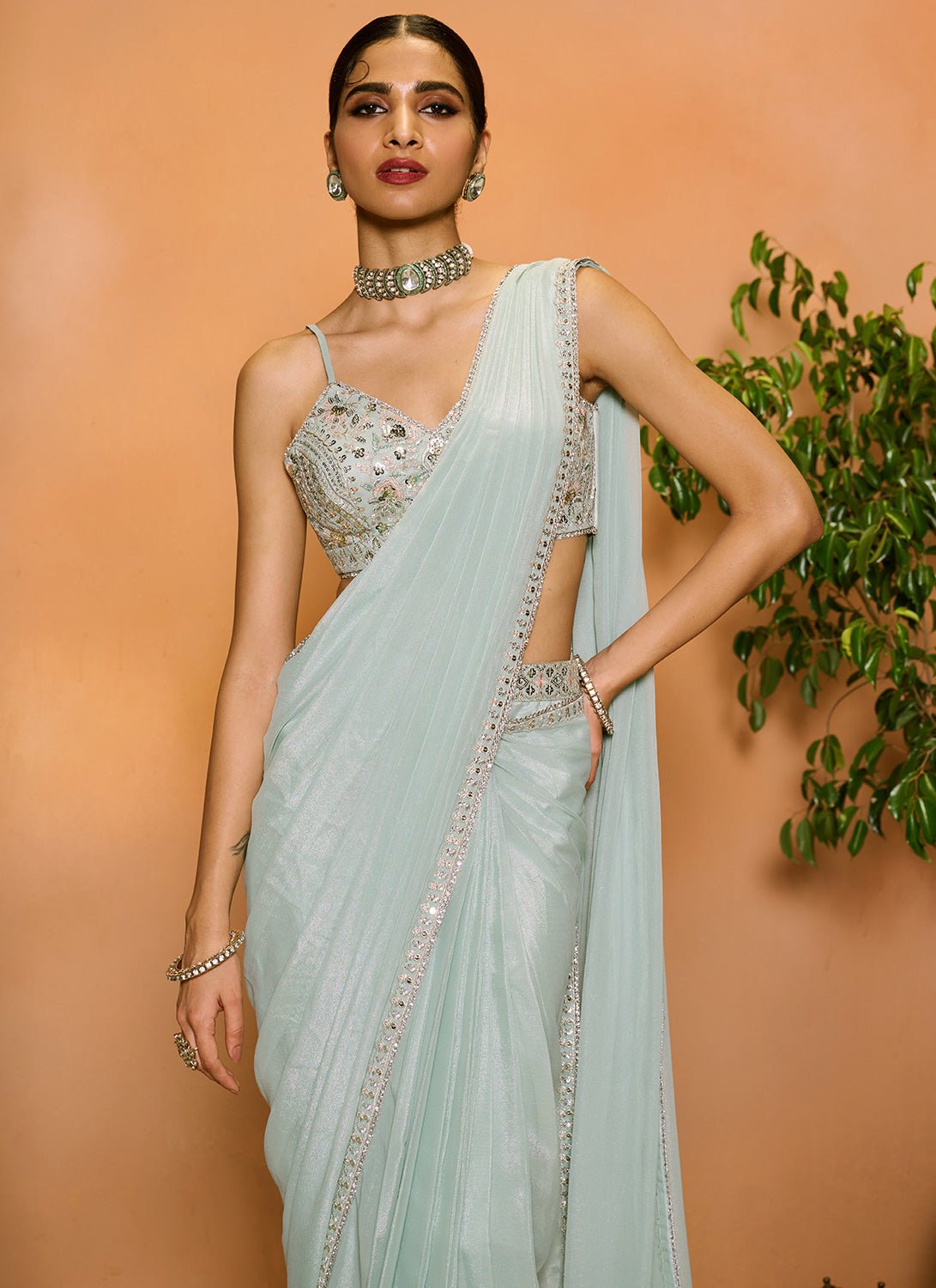 Dusty Mint Embroidered Georgette Saree - Lashkaraa