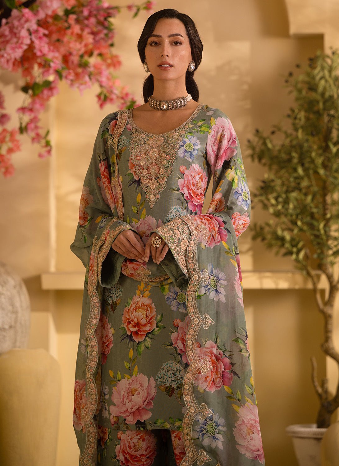 Dusty Mint Floral Embroidered Satin Georgette Palazzo Suit - Lashkaraa