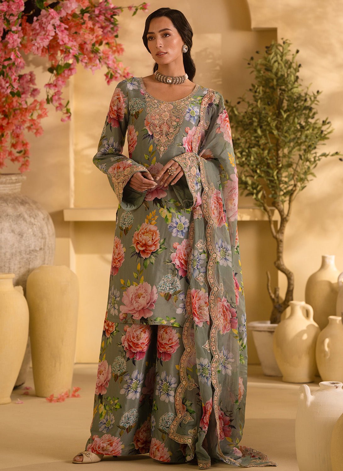 Dusty Mint Floral Embroidered Satin Georgette Palazzo Suit - Lashkaraa
