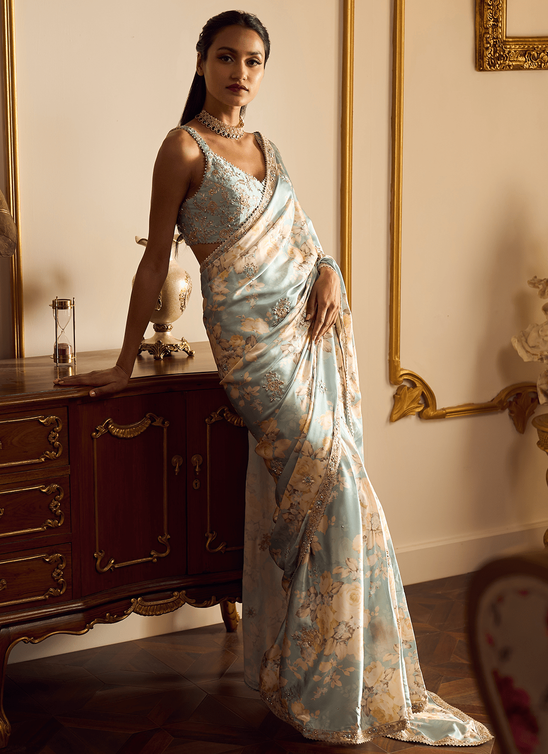 Dusty Mint Floral Printed Saree - Lashkaraa