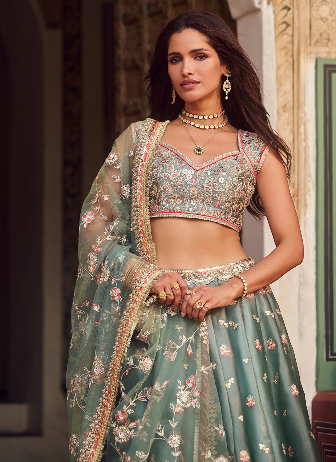 Dusty Mint Green Embroidered Organza Lehenga - Lashkaraa