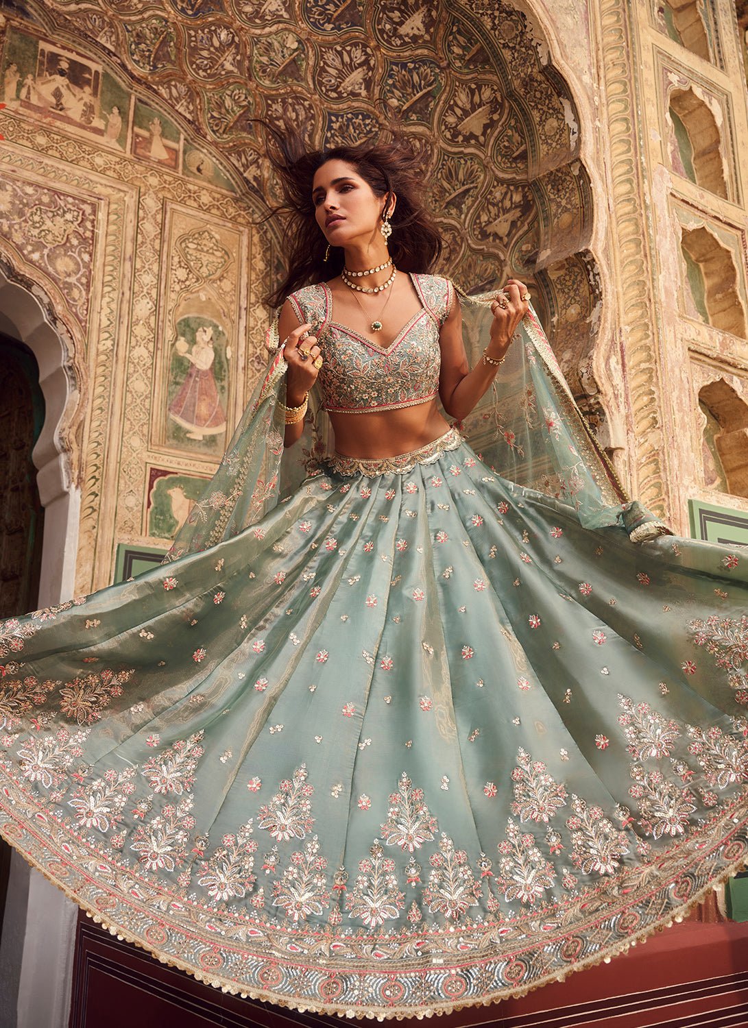 Dusty Mint Green Embroidered Organza Lehenga - Lashkaraa