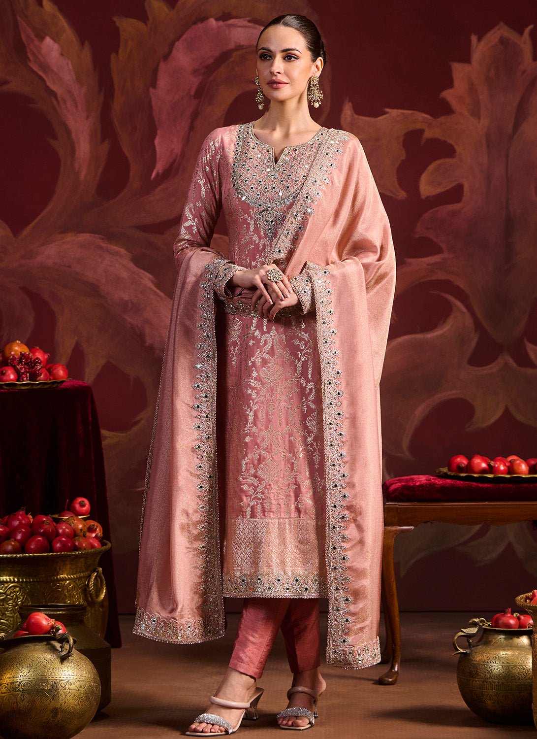 Dusty Peach Embroidered Brocade Pant Suit - Lashkaraa