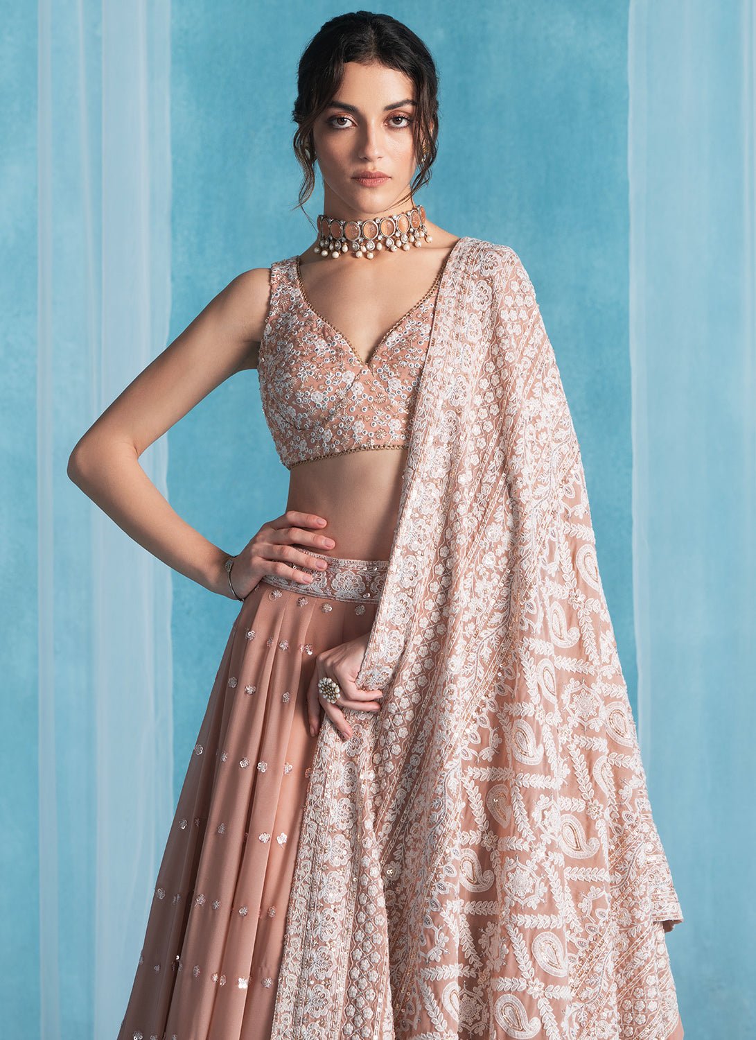 Dusty Peach Embroidered Lucknowi Lehenga - Lashkaraa