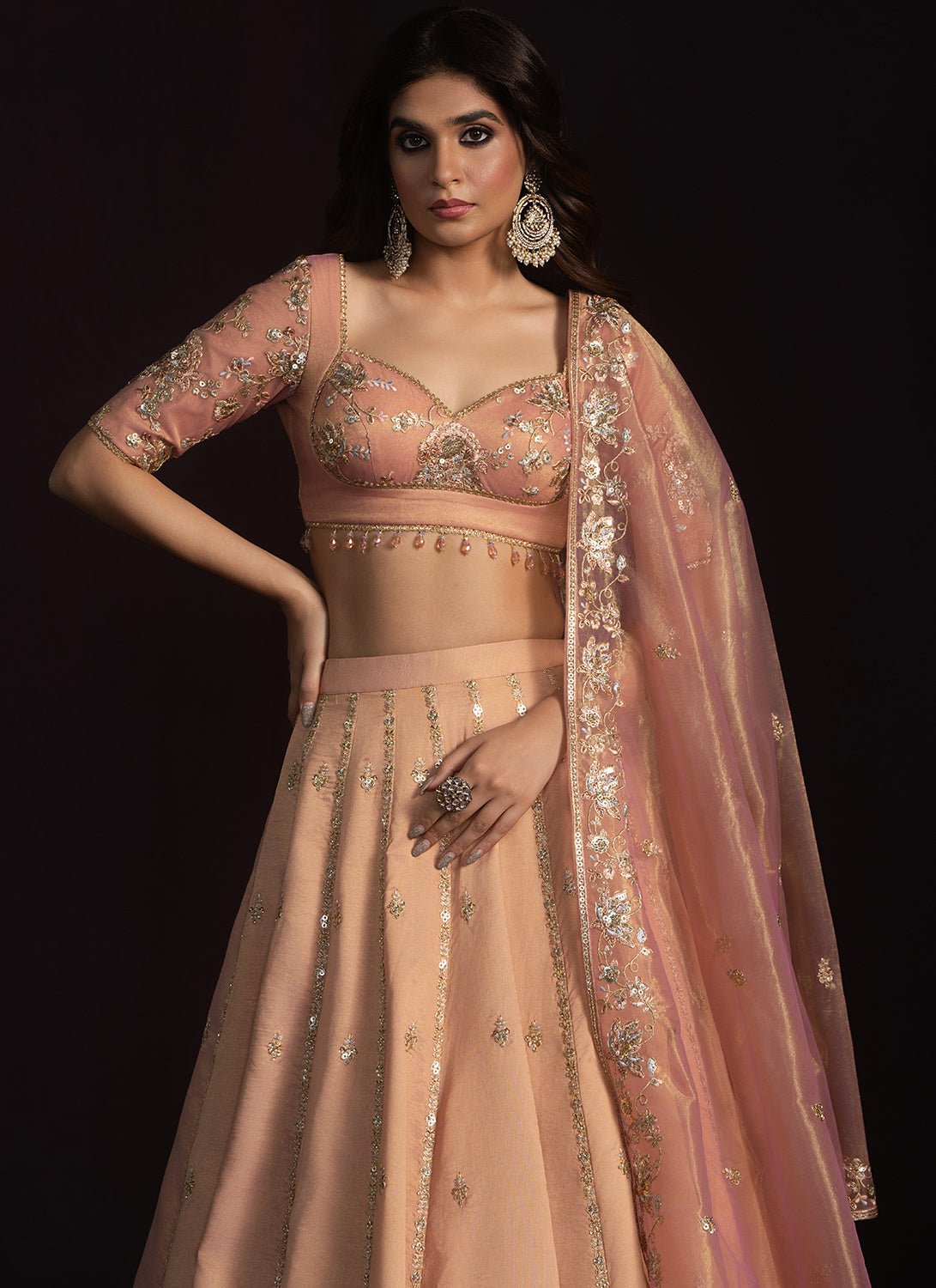 Dusty Peach Embroidered Net Lehenga - Lashkaraa