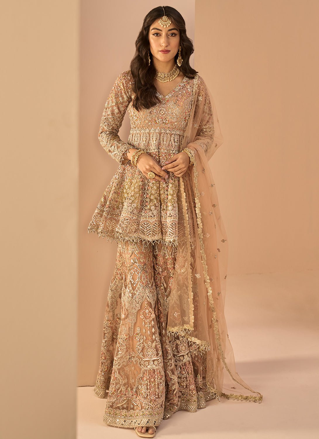 Dusty Peach Embroidered Sharara Suit - Lashkaraa