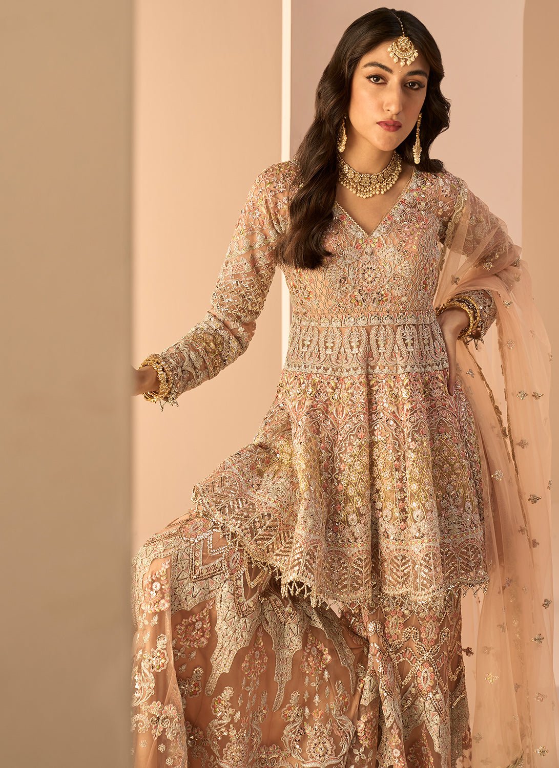 Dusty Peach Embroidered Sharara Suit - Lashkaraa