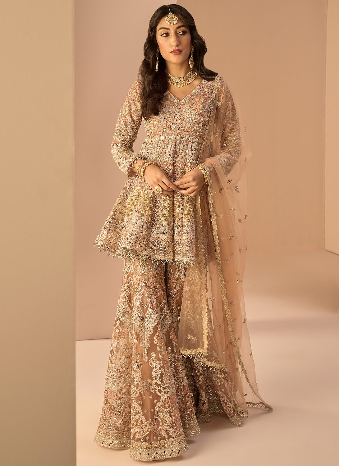 Dusty Peach Embroidered Sharara Suit - Lashkaraa