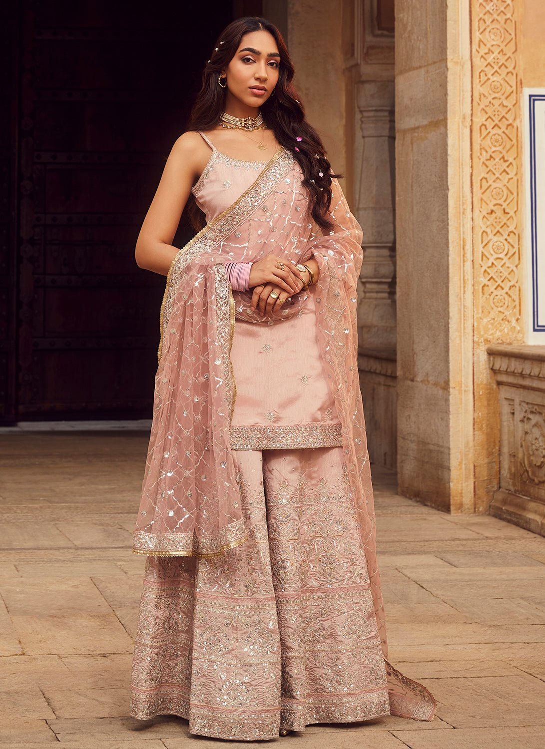 Dusty Peach Embroidered Silk Sharara Suit - Lashkaraa