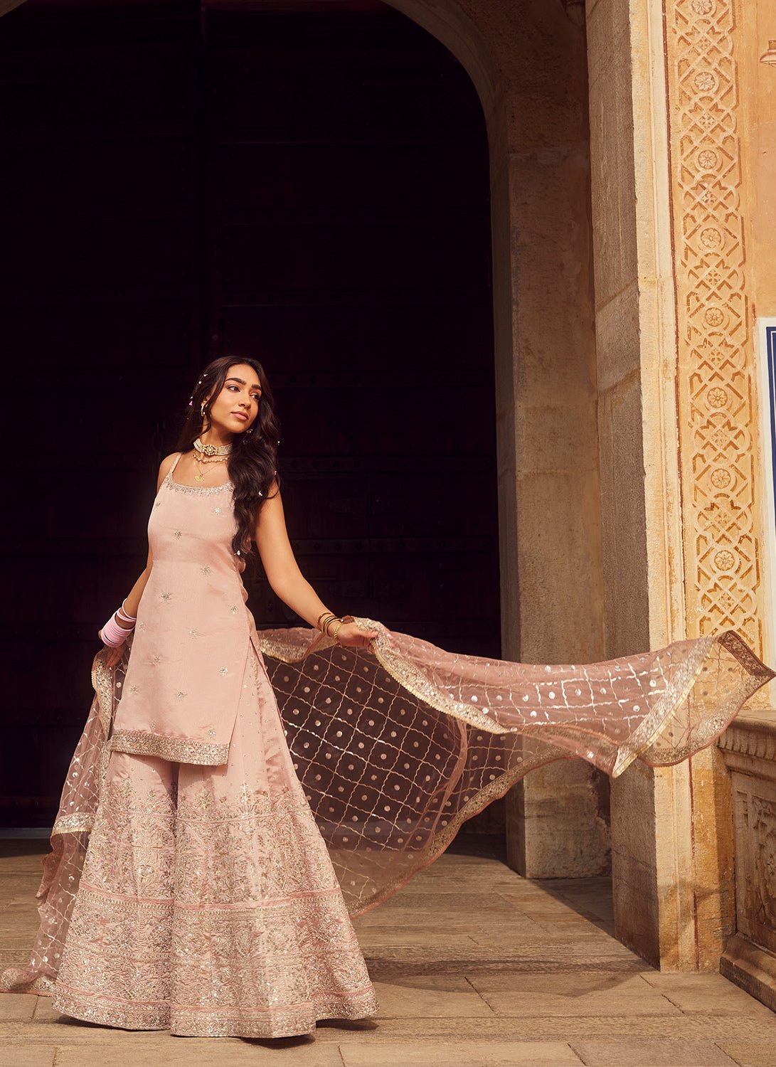 Dusty Peach Embroidered Silk Sharara Suit - Lashkaraa