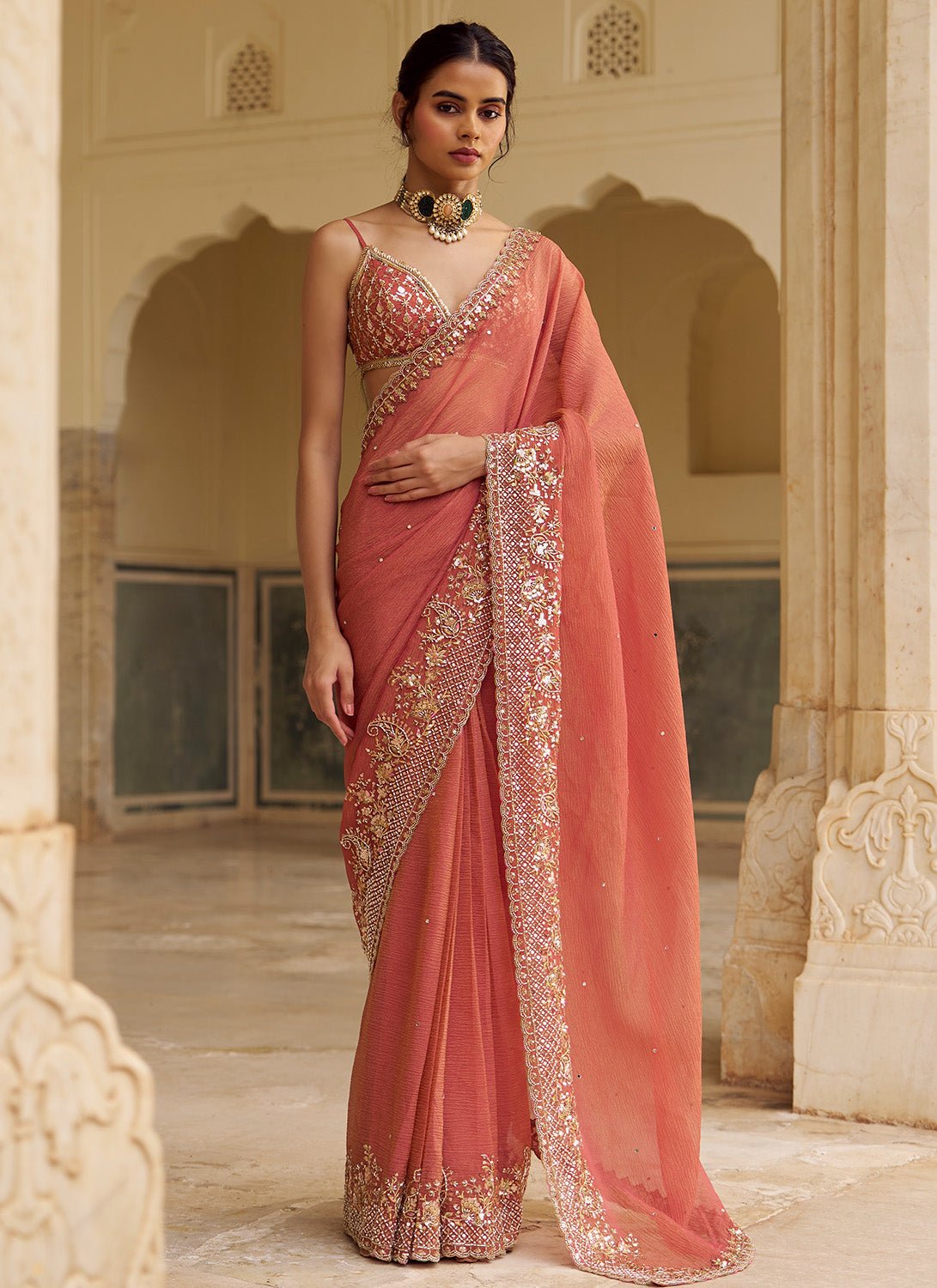 Dusty Peach Embroidered Tissue Saree - Lashkaraa