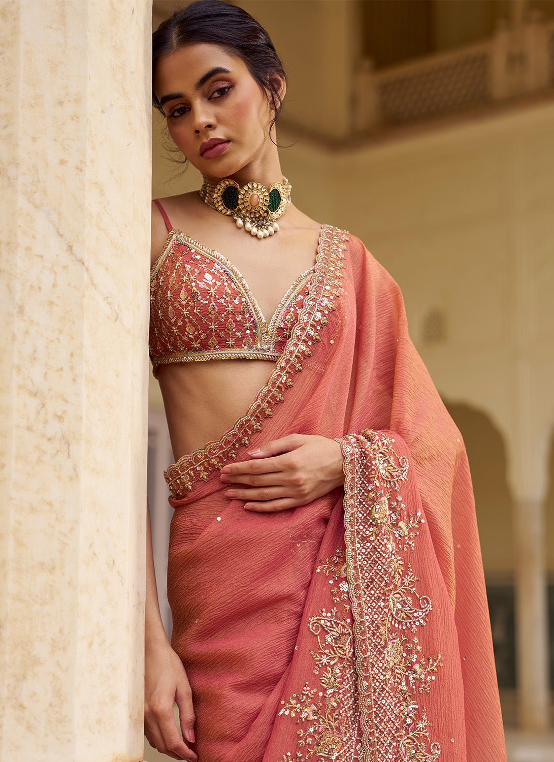 Dusty Peach Embroidered Tissue Saree - Lashkaraa