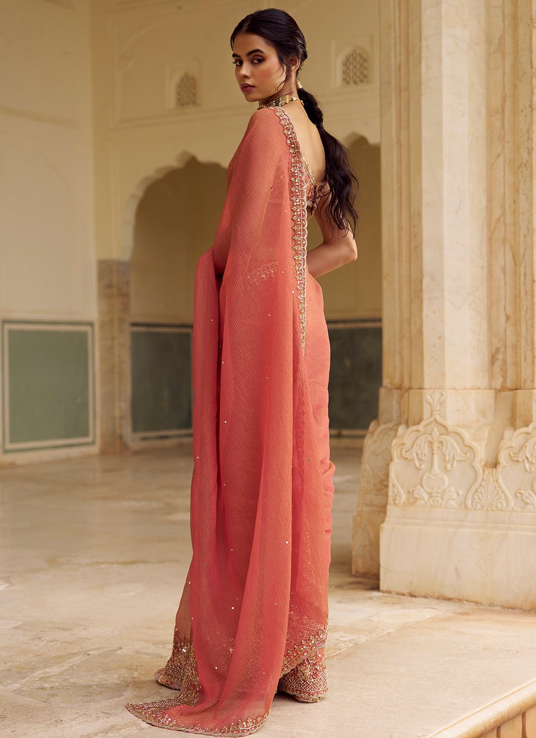 Dusty Peach Embroidered Tissue Saree - Lashkaraa