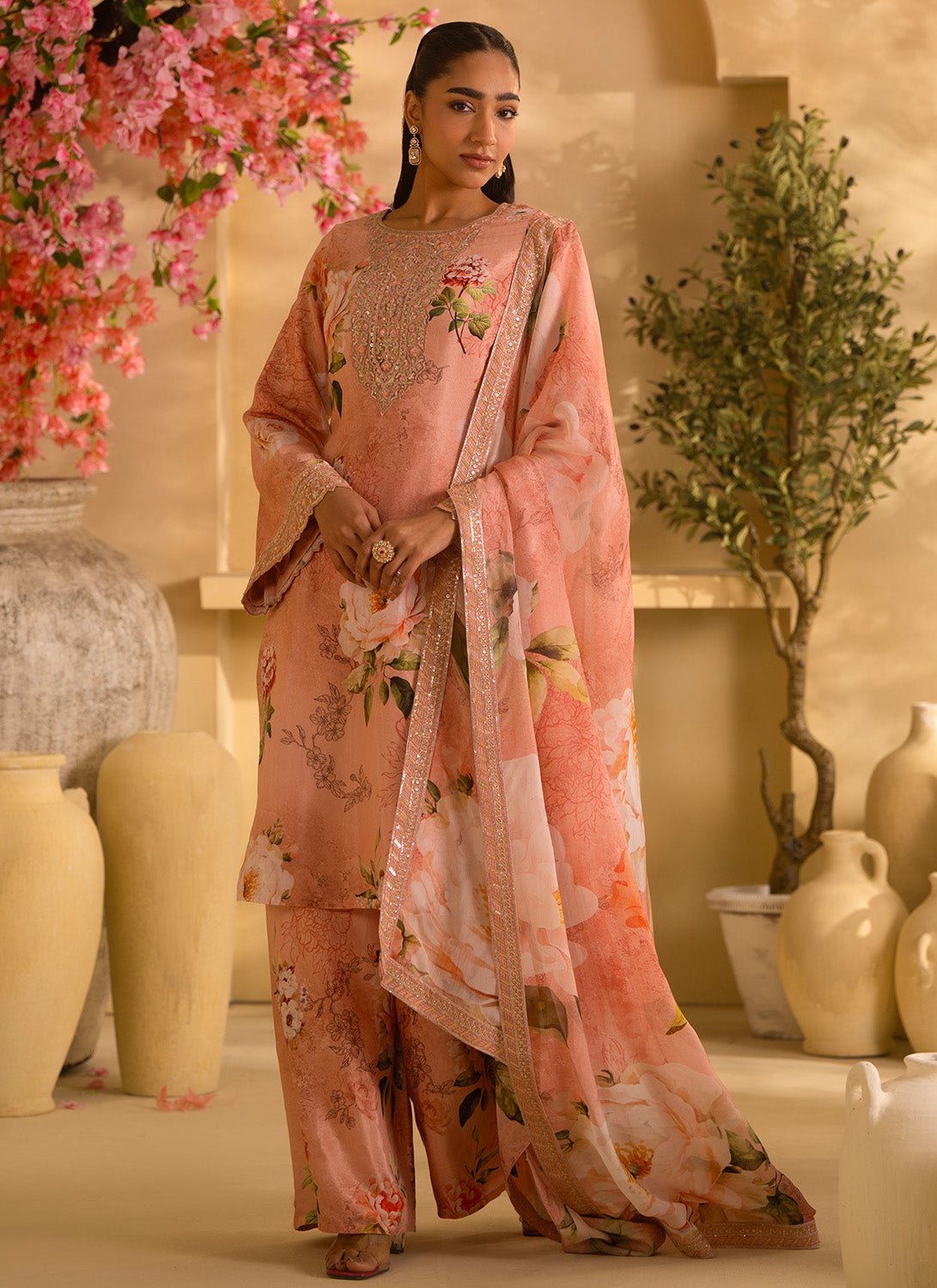 Dusty Peach Floral Embroidered Satin Georgette Palazzo Suit - Lashkaraa