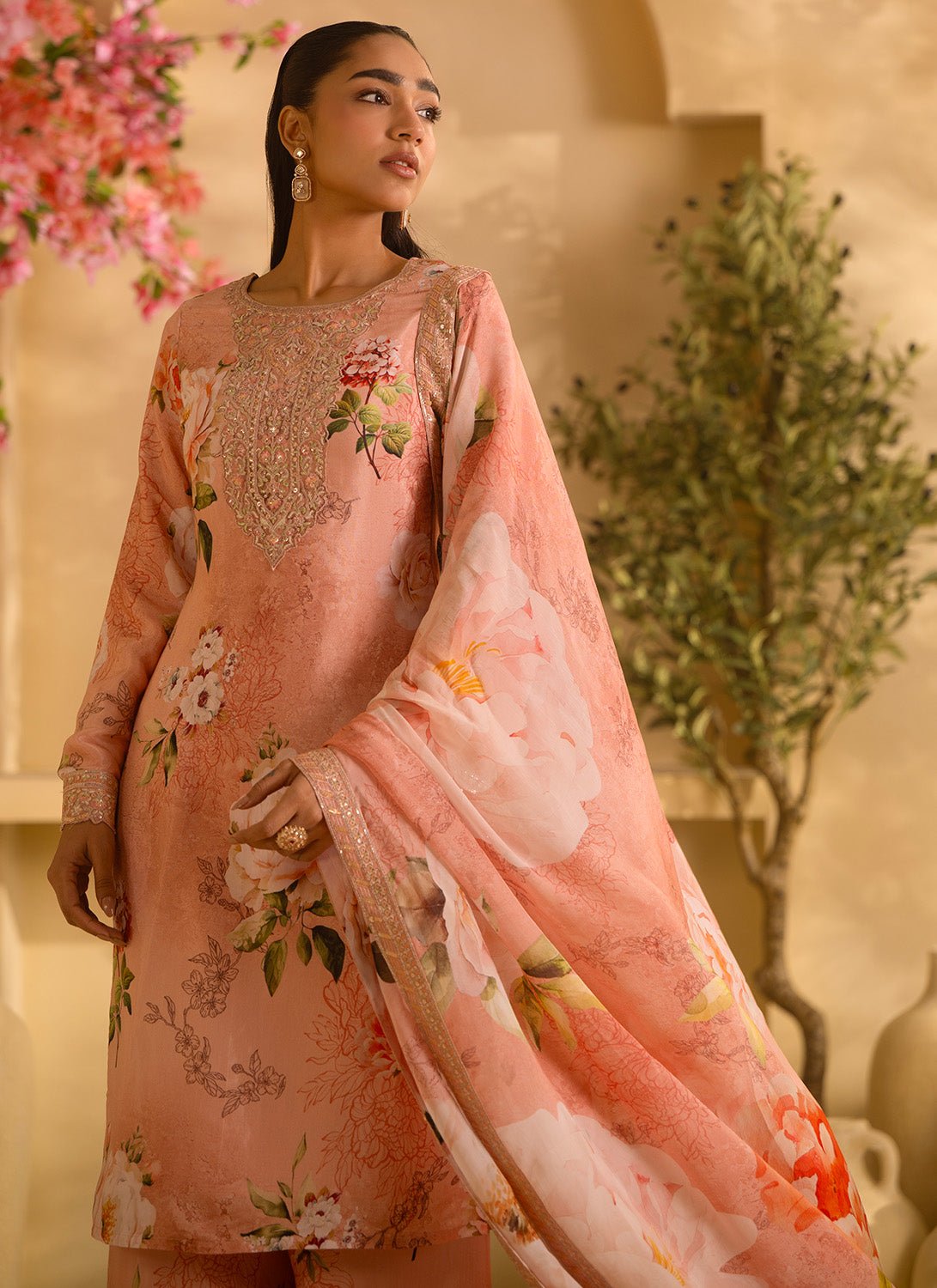 Dusty Peach Floral Embroidered Satin Georgette Palazzo Suit - Lashkaraa
