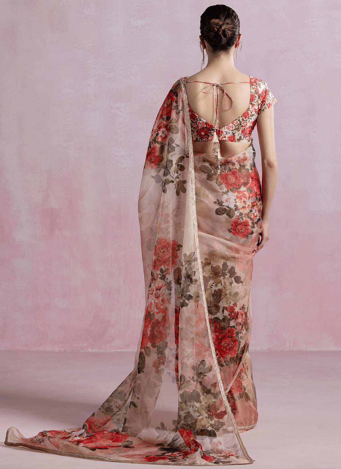 Dusty Peach Floral Printed Organza Saree - Lashkaraa