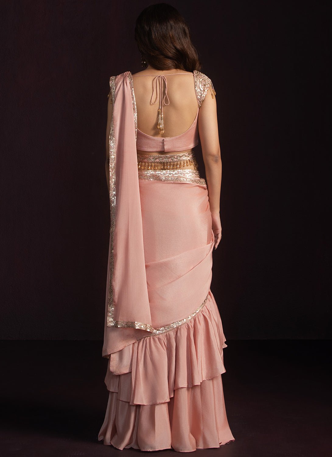 Dusty Peach Ruffled Chiffon Saree - Lashkaraa