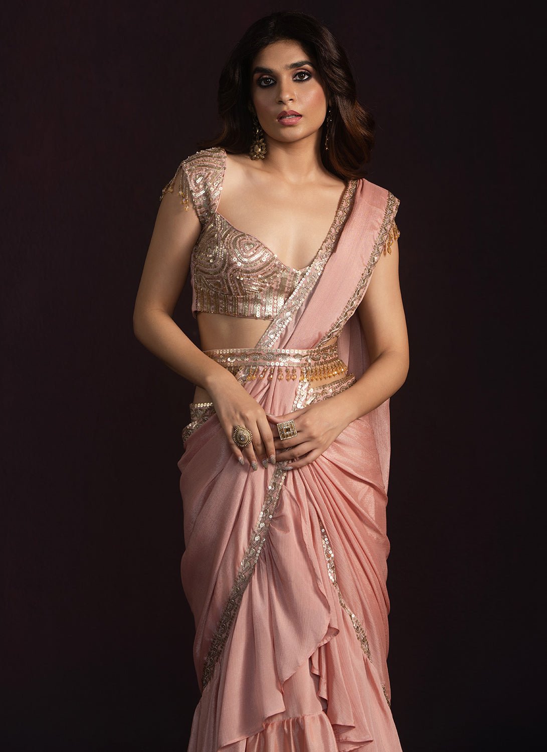 Dusty Peach Ruffled Chiffon Saree - Lashkaraa