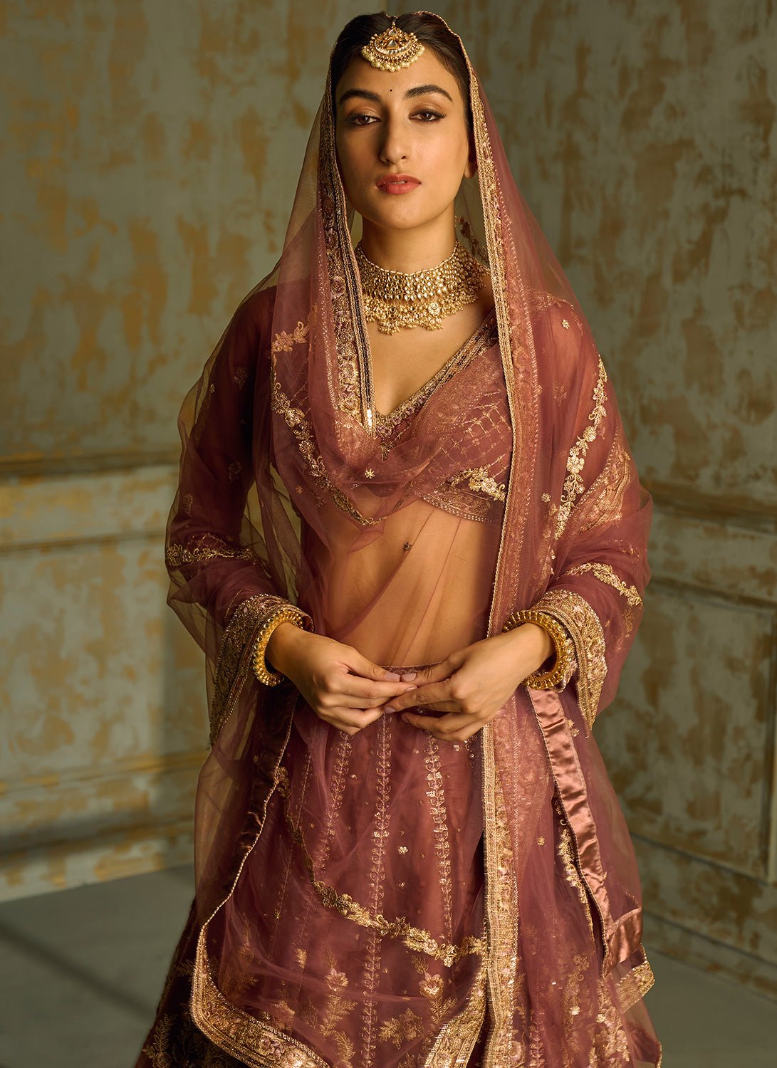 Dusty Pink and Gold Embroidered Lehenga - Lashkaraa