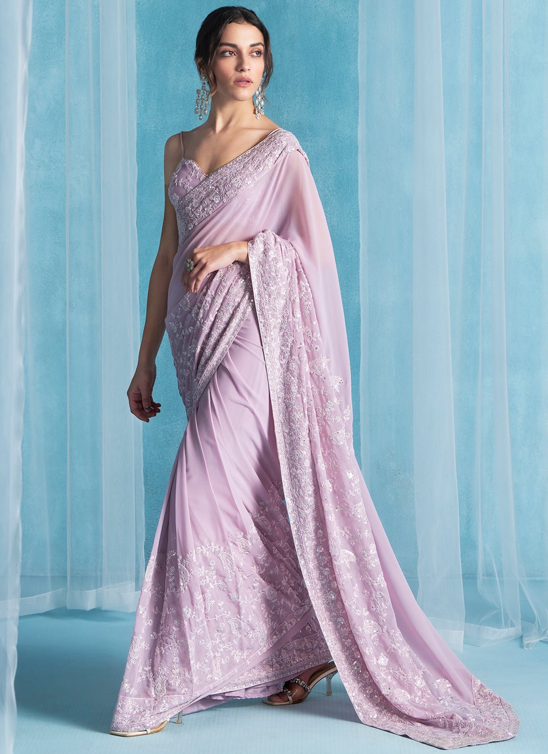 Dusty Pink Embroidered Georgette Saree - Lashkaraa