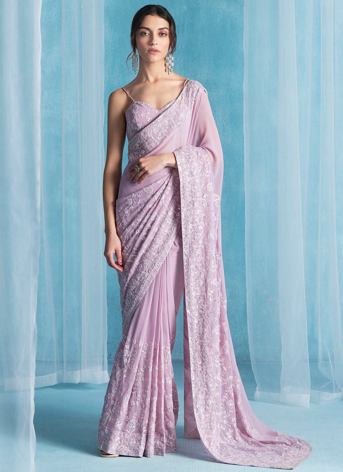 Dusty Pink Embroidered Georgette Saree - Lashkaraa