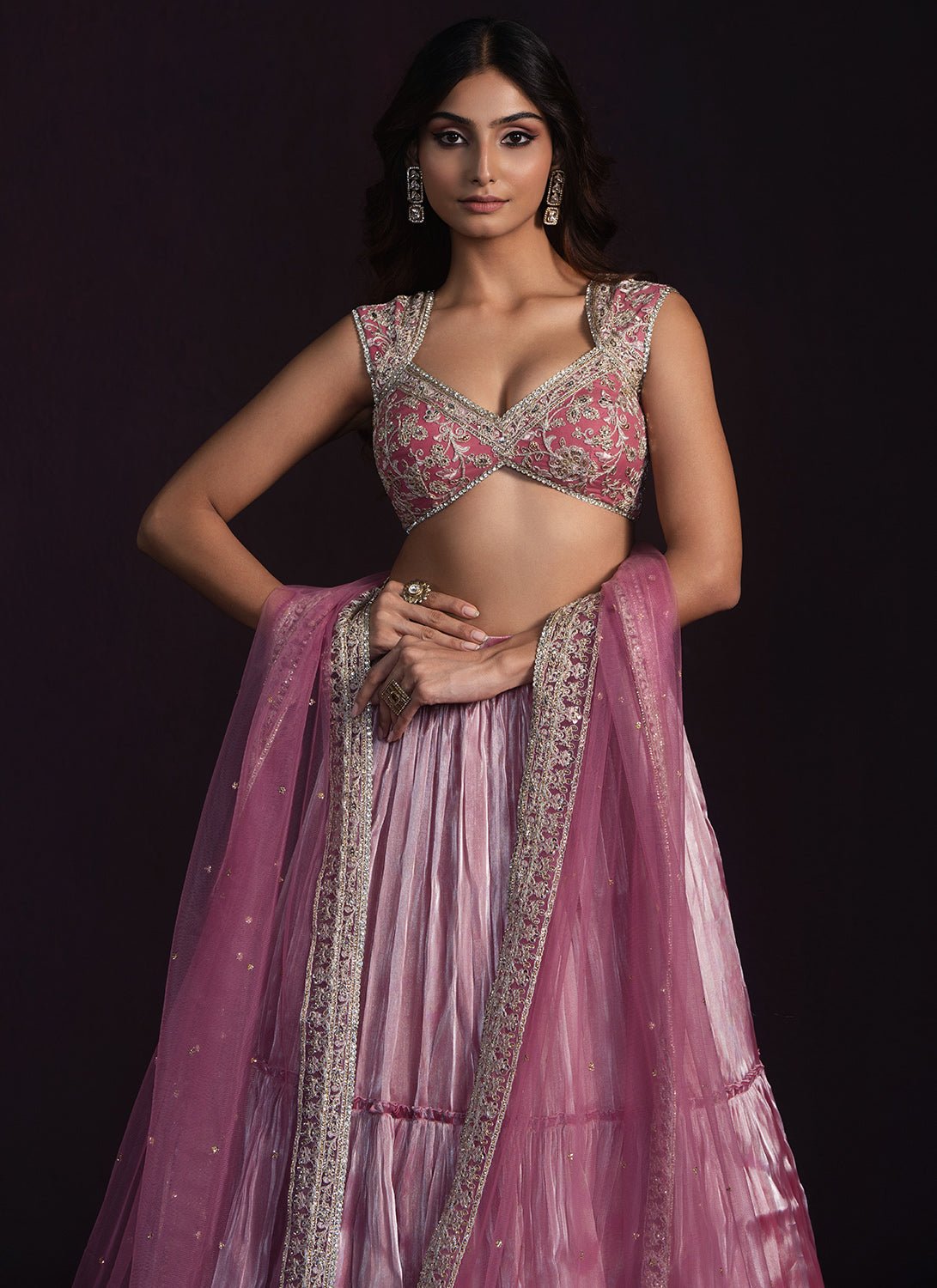 Dusty Pink Embroidered Organza Lehenga - Lashkaraa