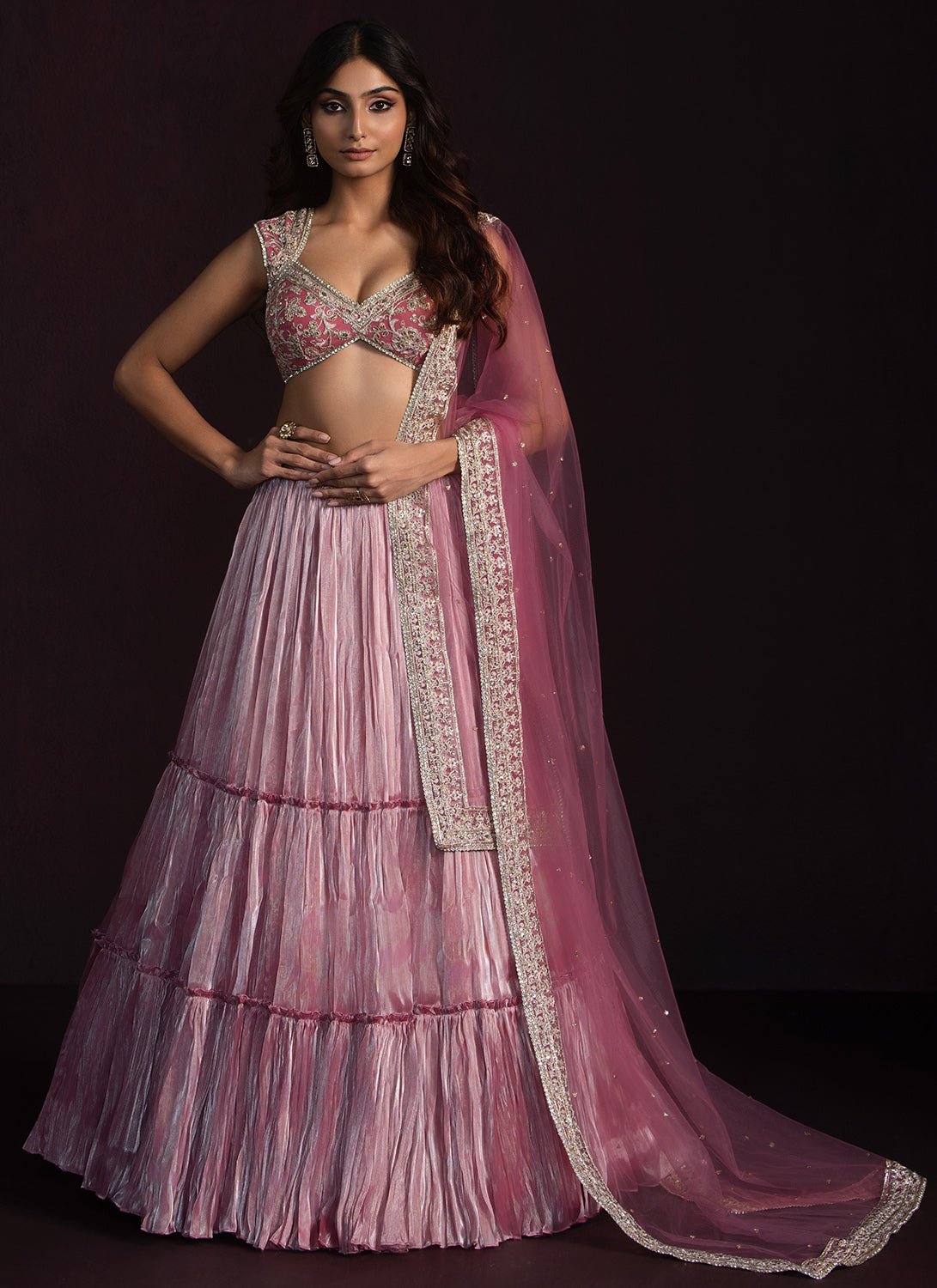 Dusty Pink Embroidered Organza Lehenga - Lashkaraa