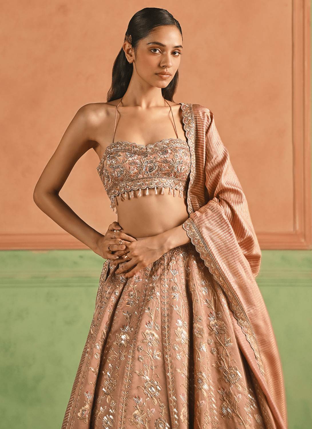 Dusty Pink Embroidered Silk Lehenga - Lashkaraa
