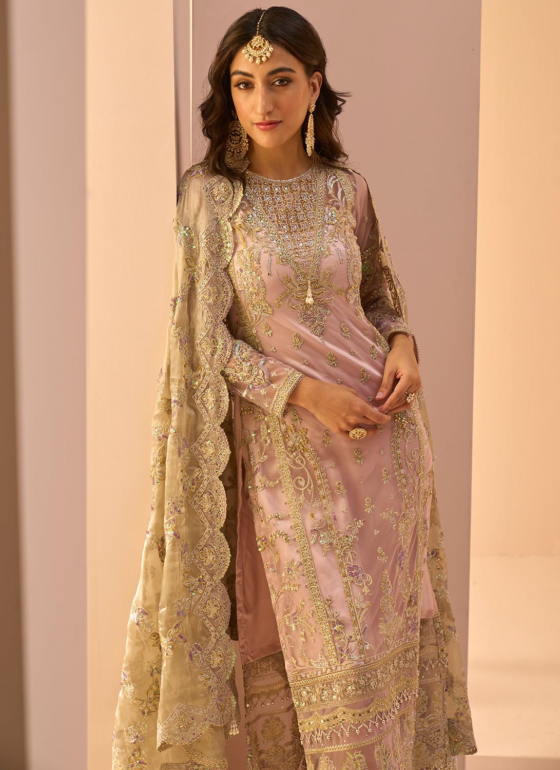 Dusty Pink Embroidered Straight Suit - Lashkaraa