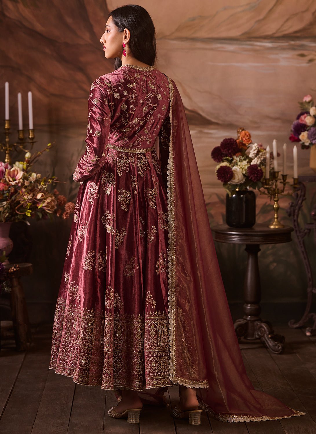 Dusty Pink Embroidered Velvet Anarkali - Lashkaraa