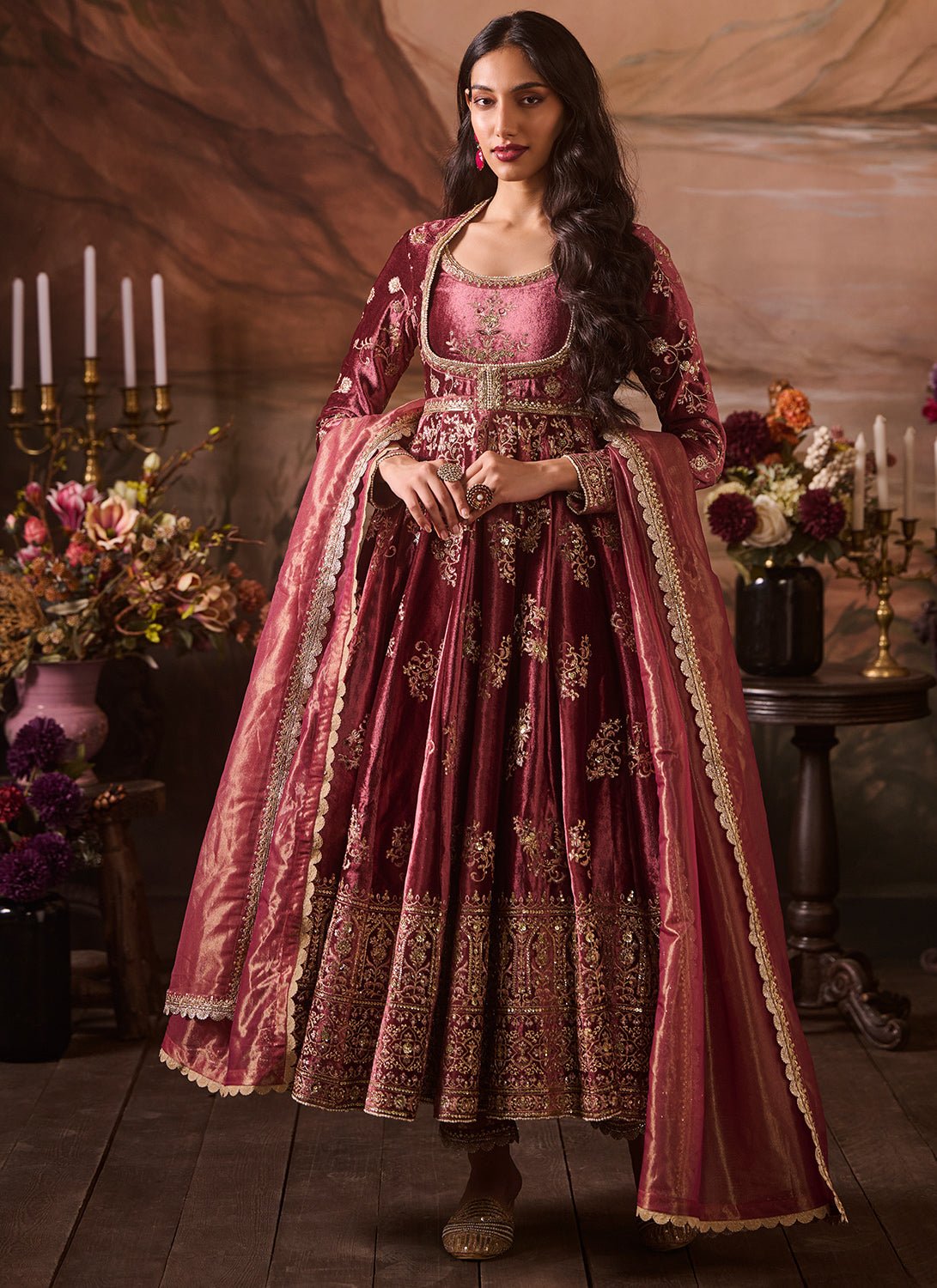 Dusty Pink Embroidered Velvet Anarkali - Lashkaraa