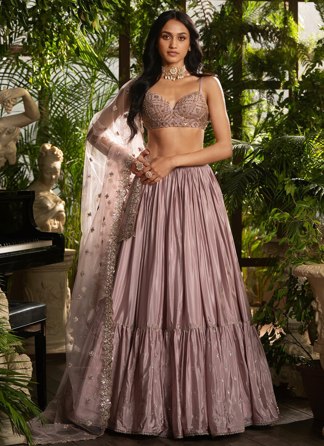 Dusty Rose Embroidered Crepe Silk Lehenga - Lashkaraa