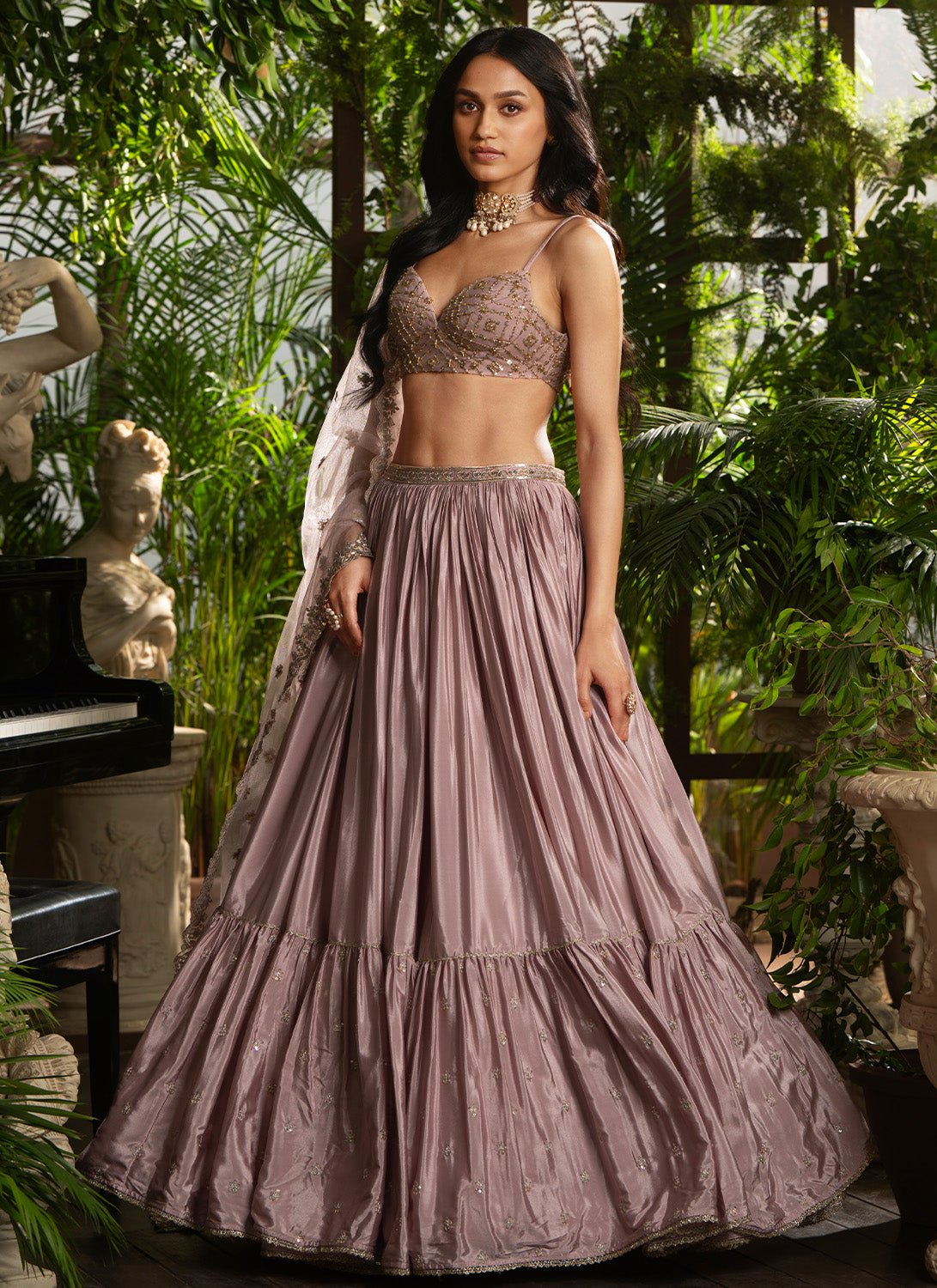 Dusty Rose Embroidered Crepe Silk Lehenga - Lashkaraa