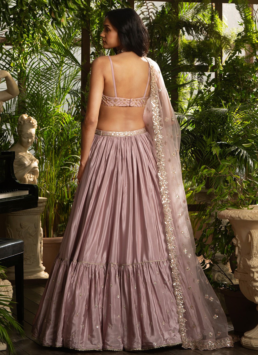 Dusty Rose Embroidered Crepe Silk Lehenga - Lashkaraa