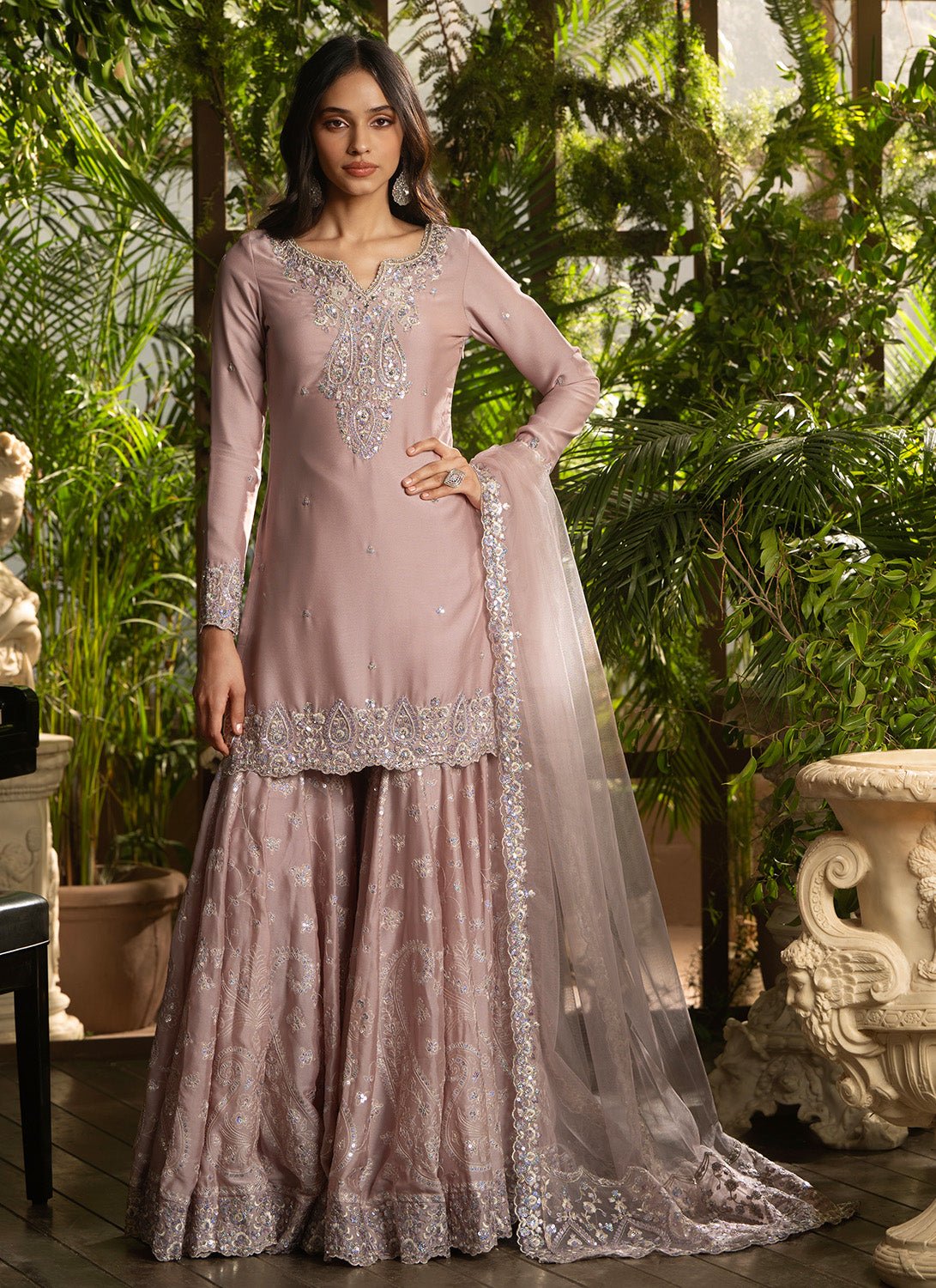 Dusty Rose Embroidered Georgette Gharara - Lashkaraa