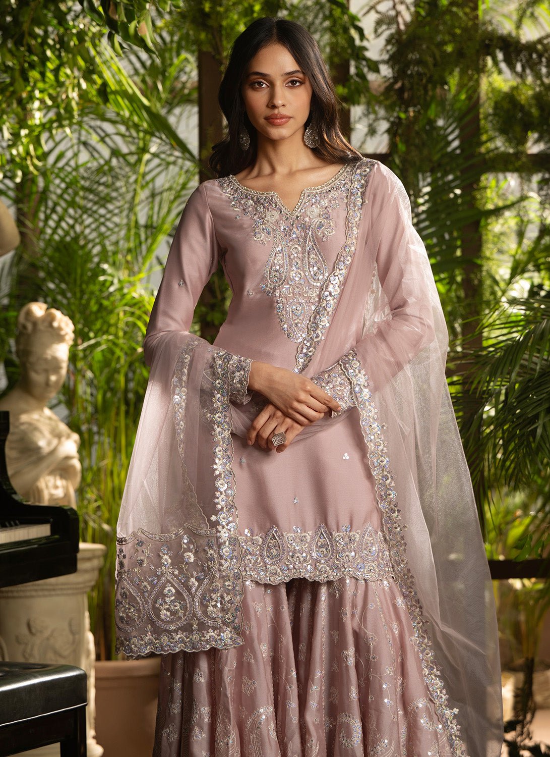 Dusty Rose Embroidered Georgette Gharara - Lashkaraa